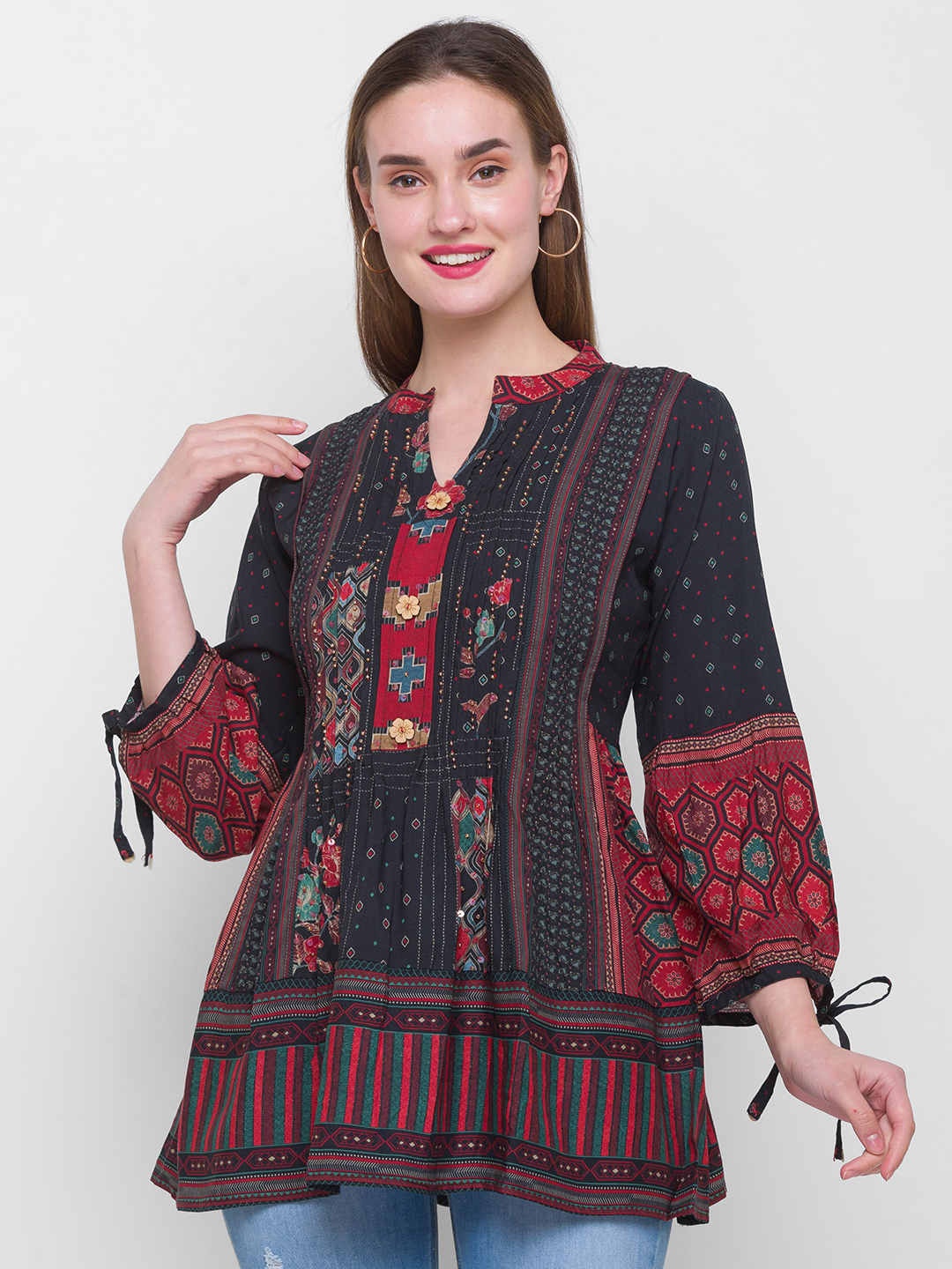 

ZOLA Black & Grey Mandarin Collar Printed Tunic
