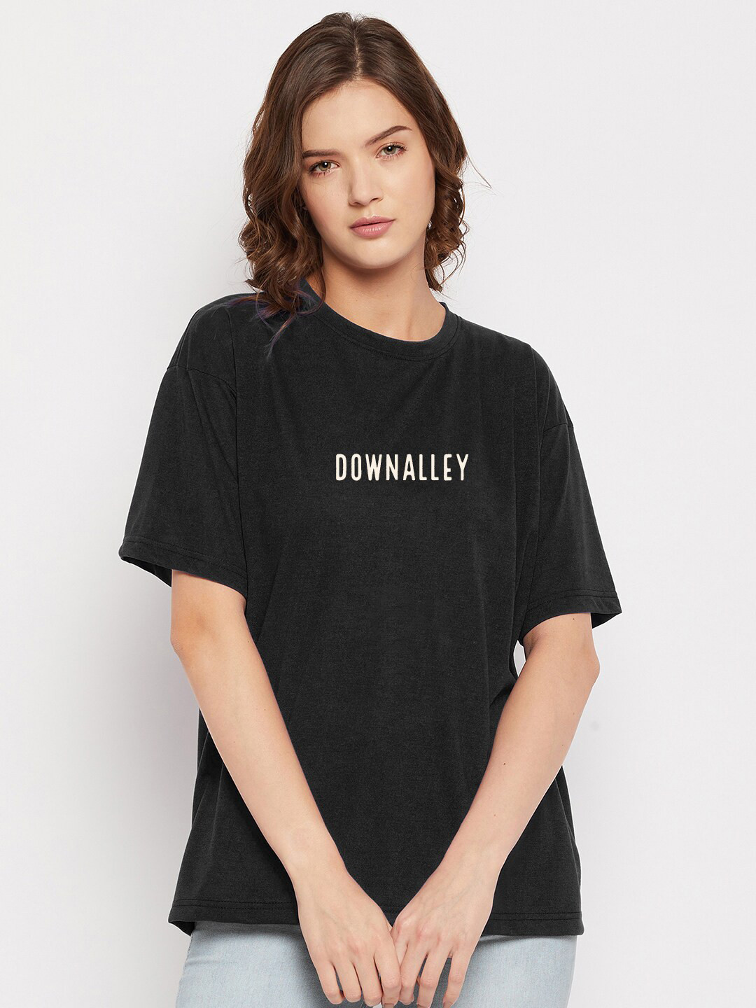 

FRENCH FLEXIOUS Women Black Typography Printed Extended Sleeves Loose T-shirt