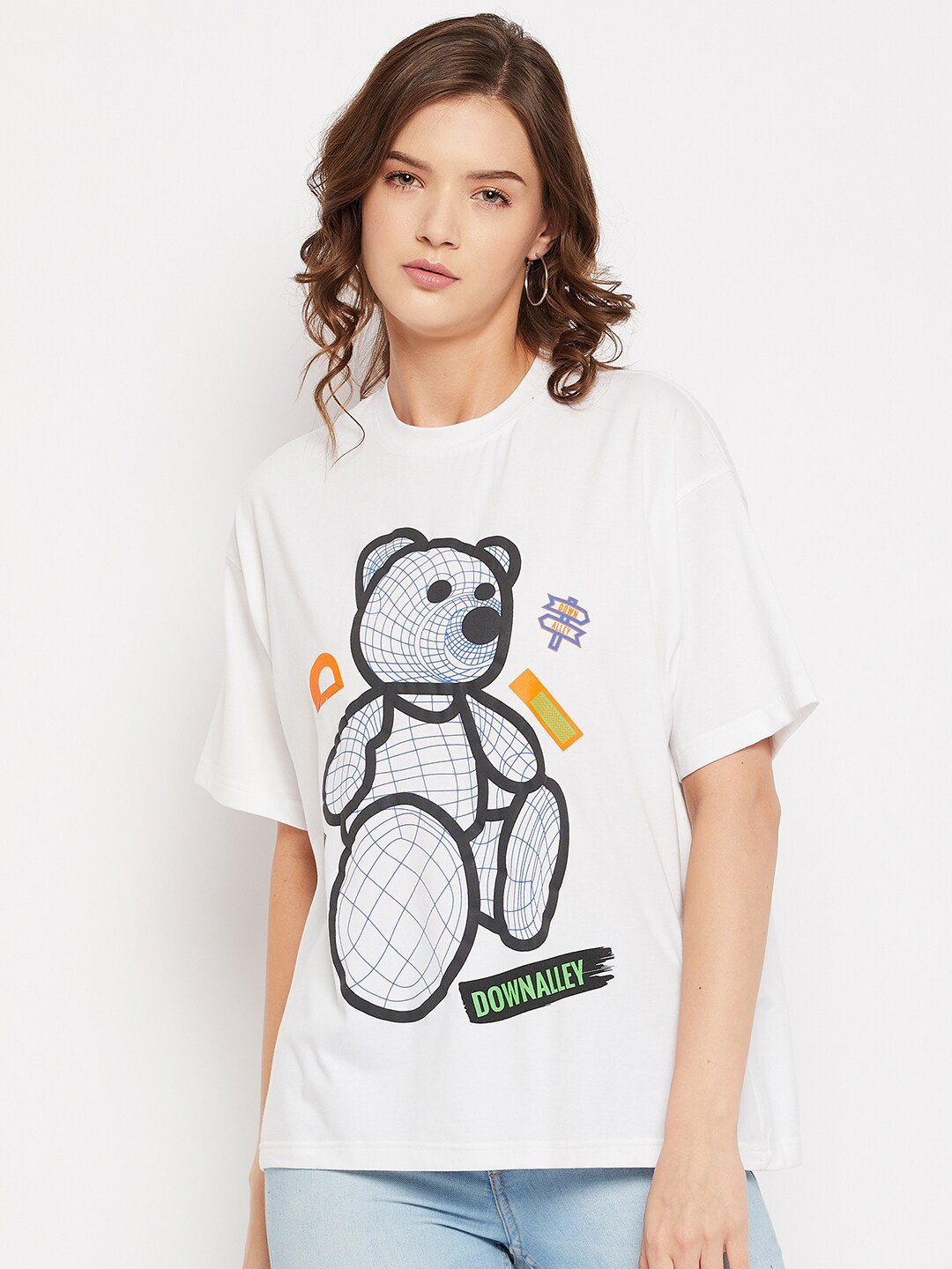 

FRENCH FLEXIOUS Women White Printed Loose T-shirt