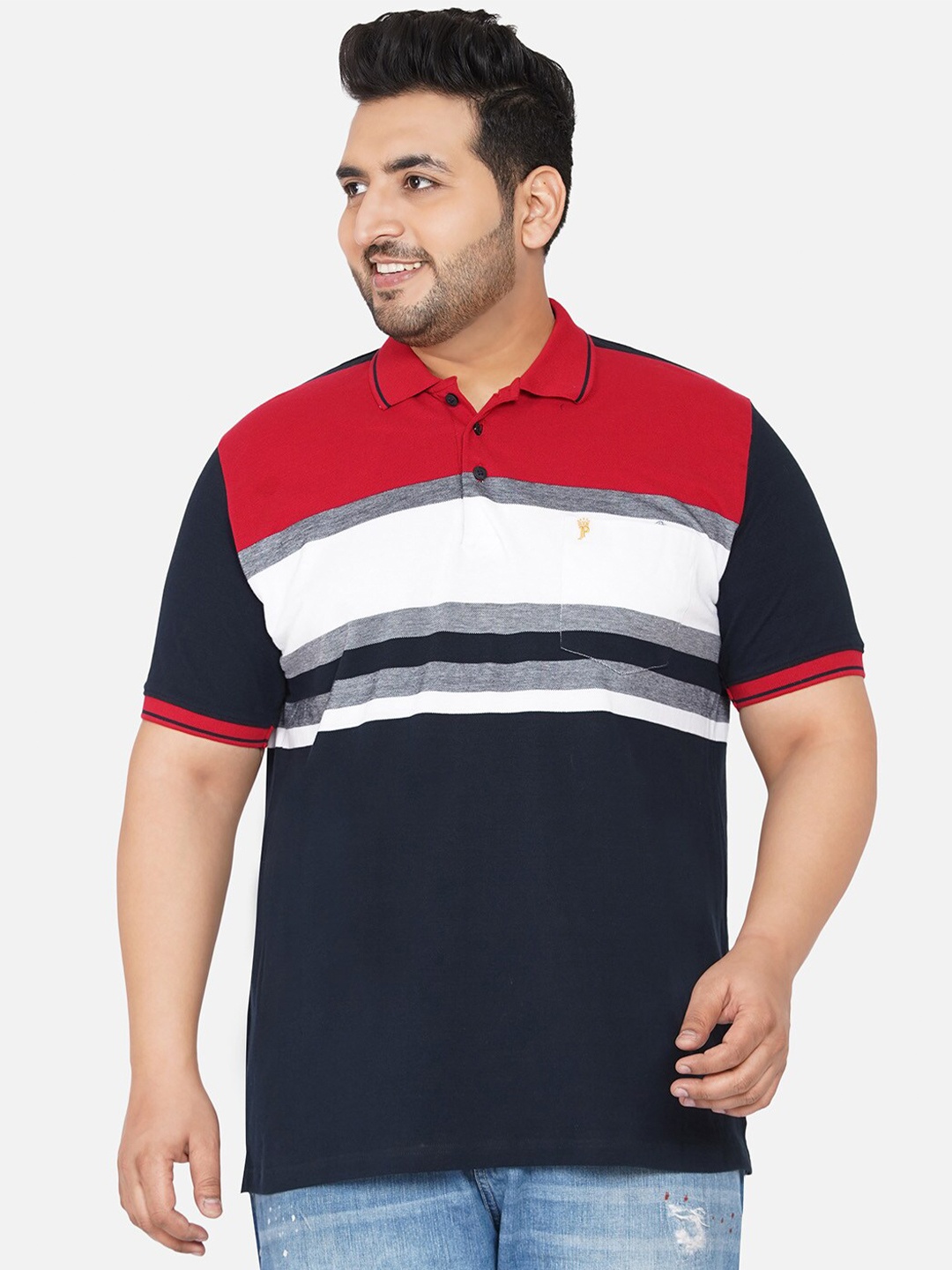 

John Pride Men Navy Blue Striped Polo Collar T-shirt
