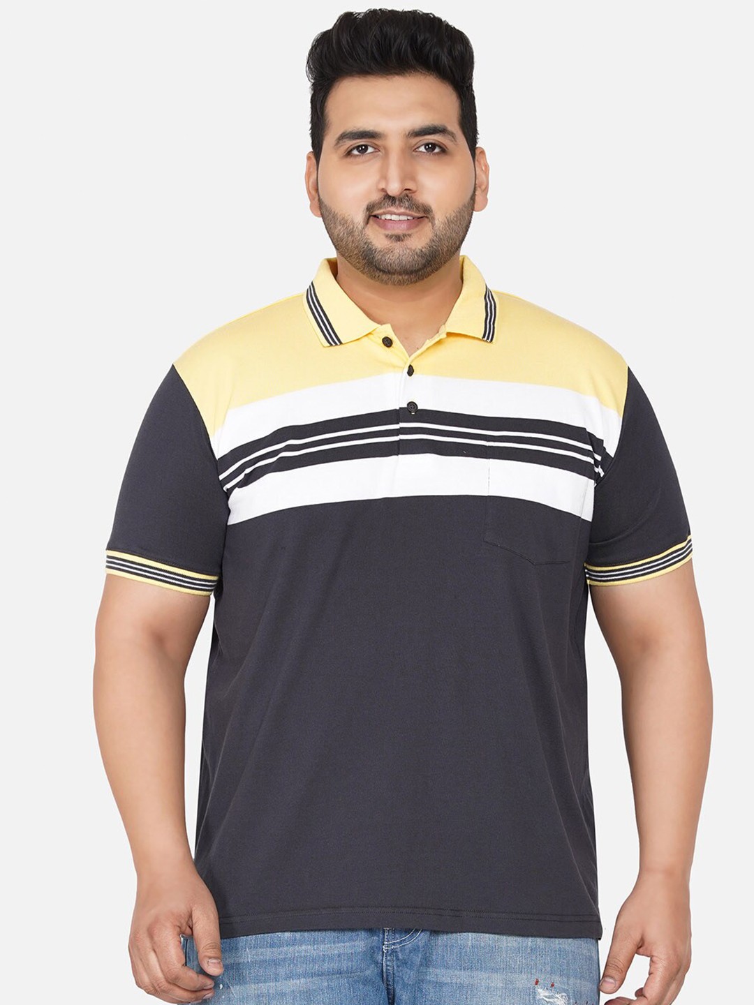 

John Pride Men Grey Striped Polo Collar T-shirt