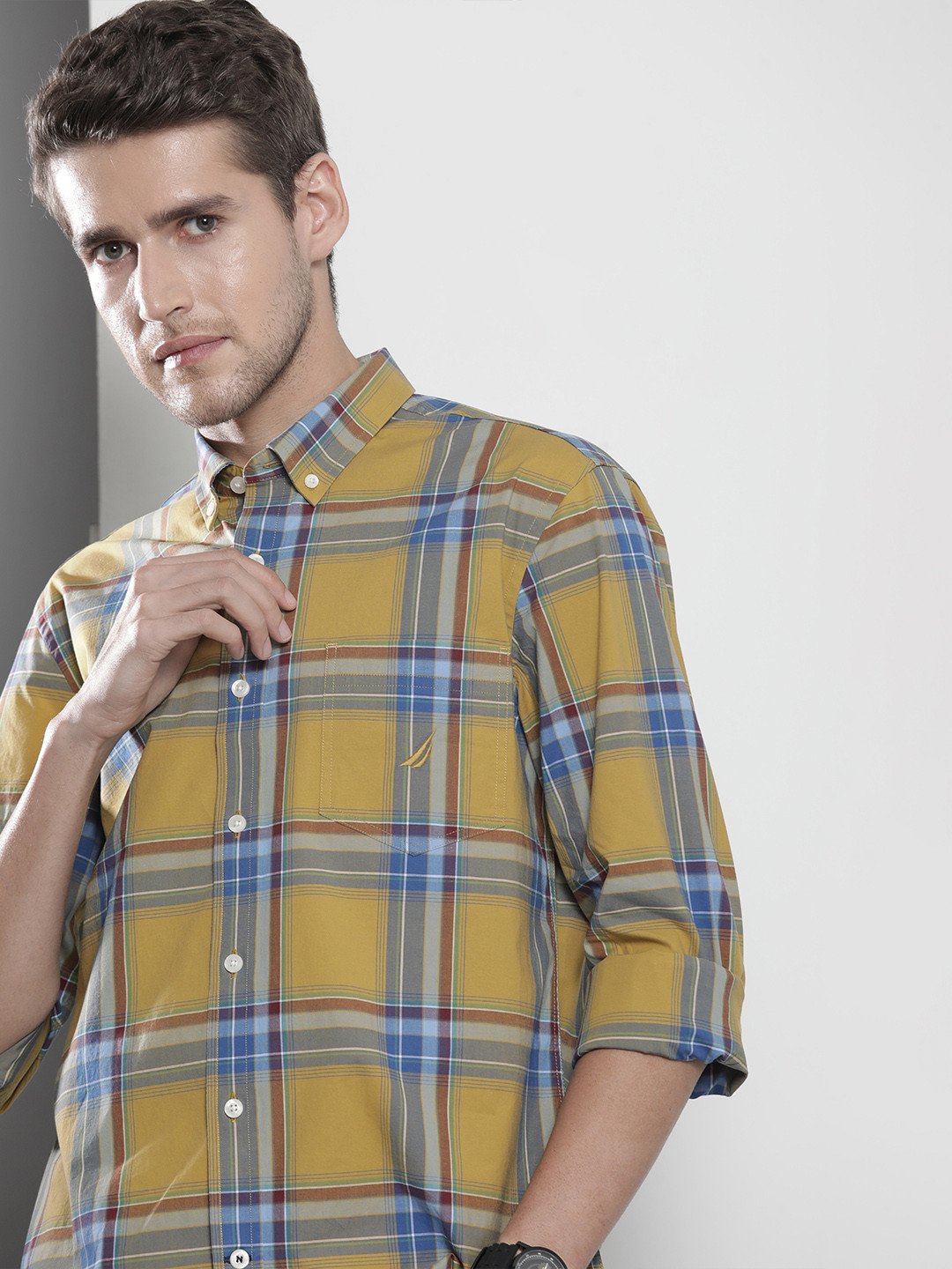 

Nautica Men Mustard & Blue Slim Fit Windowpane Checked Casual Shirt
