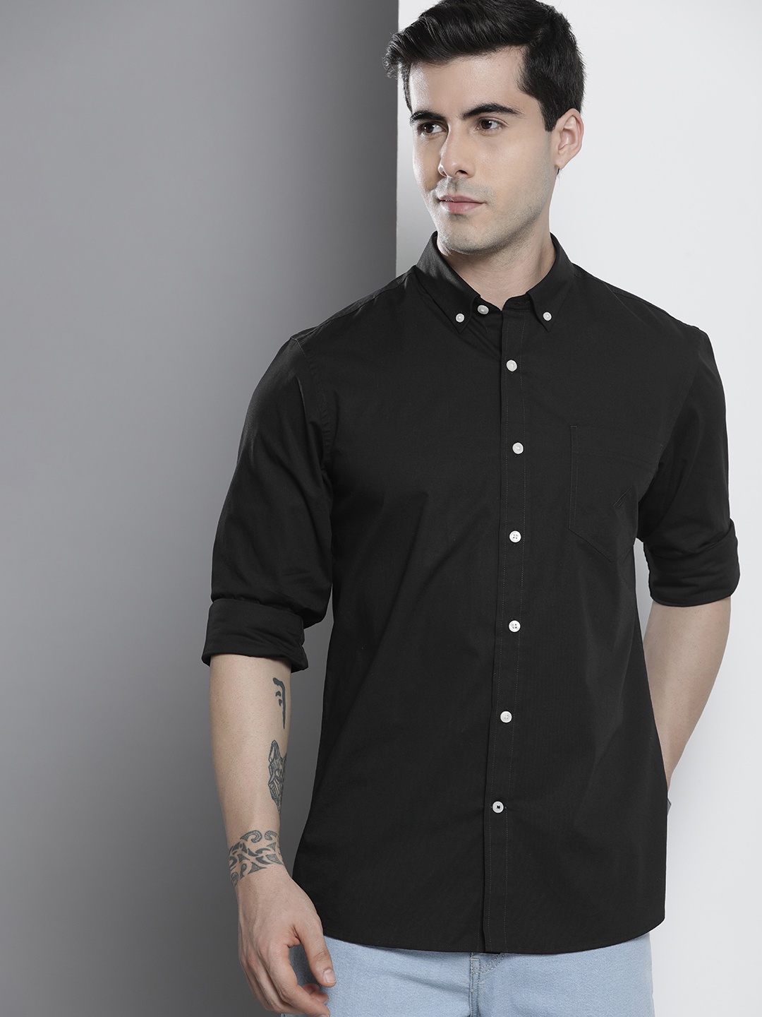 

Nautica Men Slim Fit Solid Opaque Stretchable Casual Shirt with Chest Pocket, Black