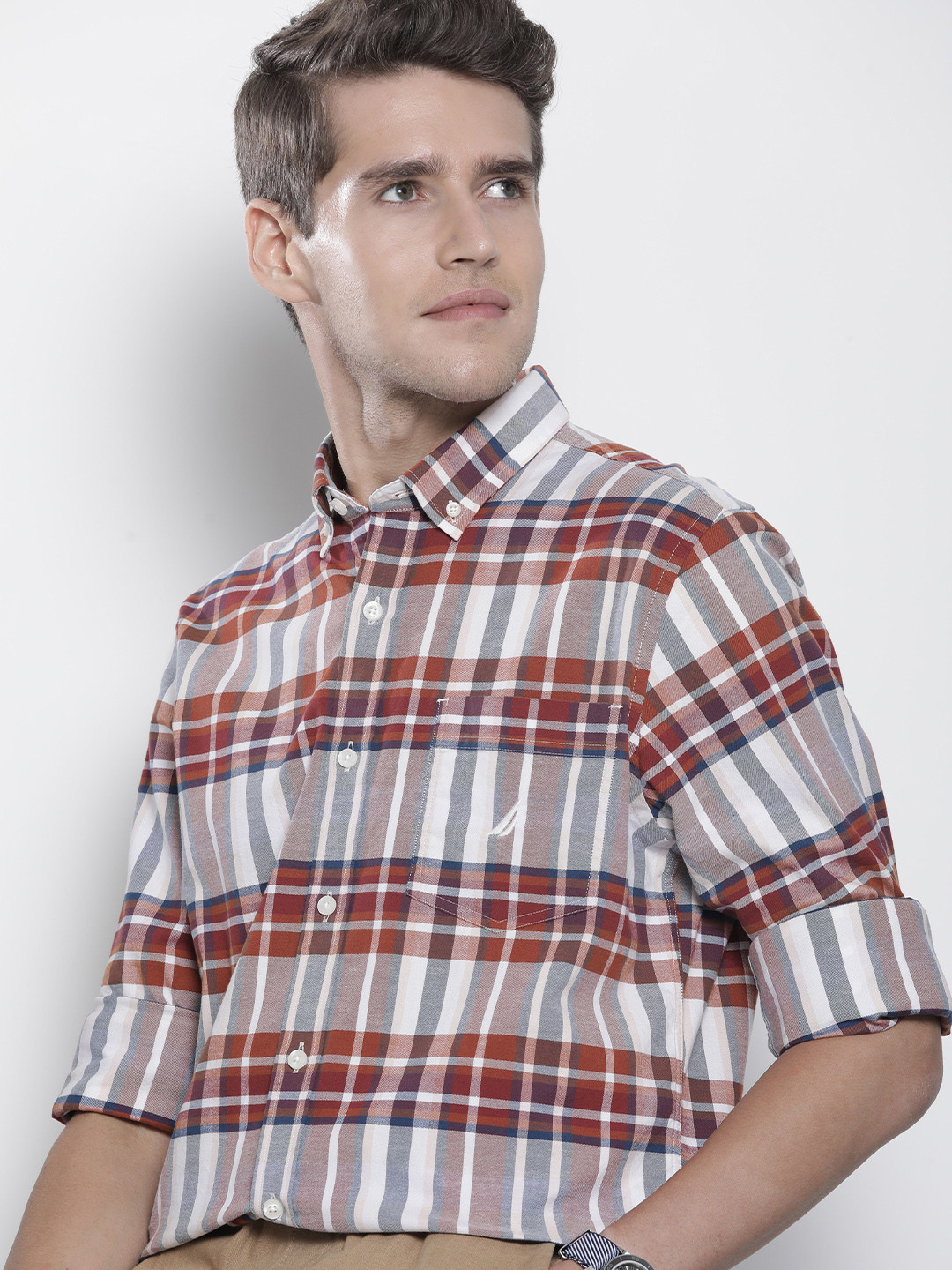 

Nautica Men White & Red Checked Classic Fit Casual Shirt
