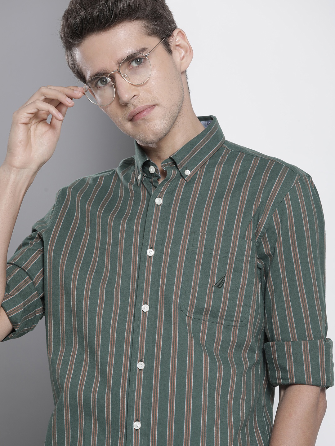 

Nautica Men Green & Red Striped Classic Fit Casual Shirt