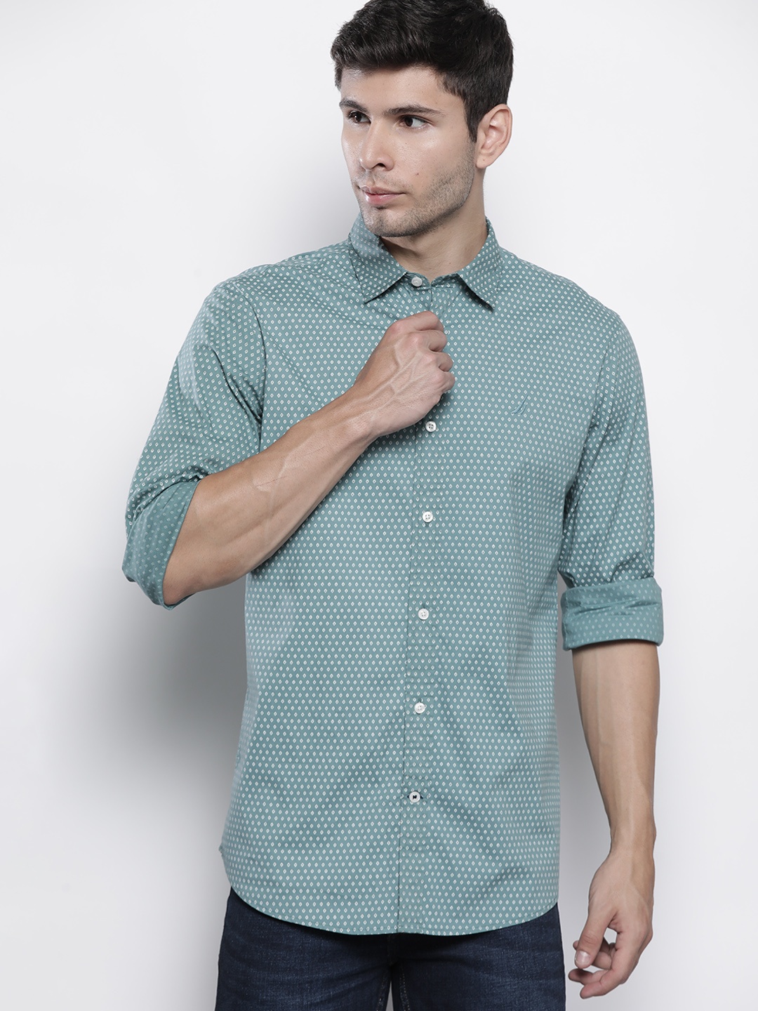 

Nautica Men Sea Green & White Classic Fit Printed Casual Shirt