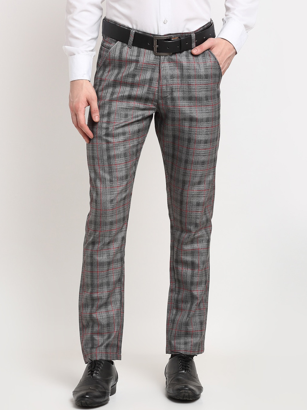 

JAINISH Men Grey Checked Smart Slim Fit Trousers