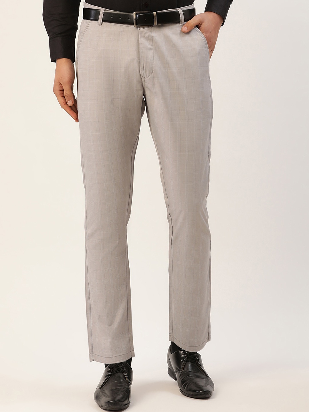 

JAINISH Men Grey Textured Checked Smart Slim Fit Trousers