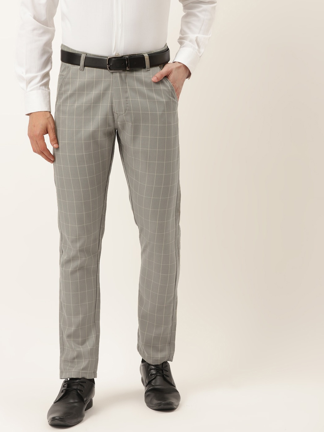 

JAINISH Men Green Checked Smart Slim Fit Trousers