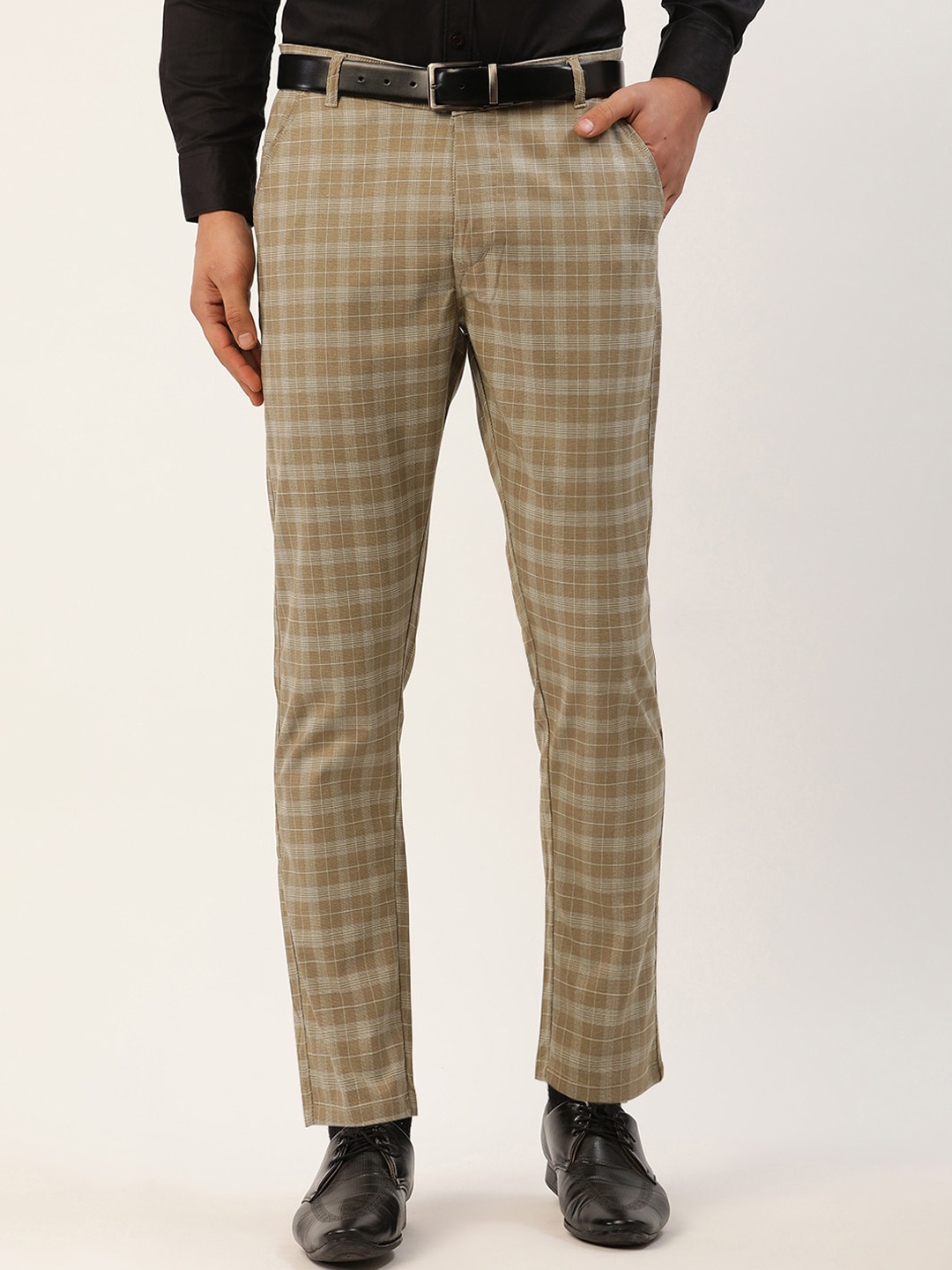 

JAINISH Men Beige Checked Smart Slim Fit Trousers