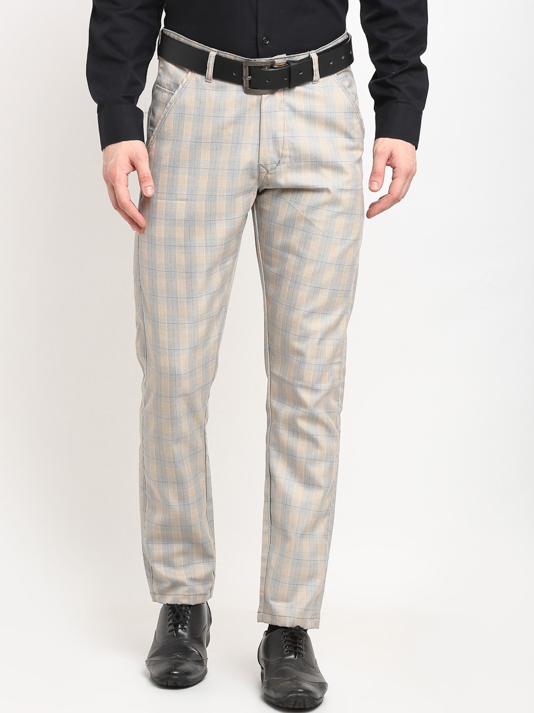

JAINISH Men Blue Checked Smart Slim Fit Trousers
