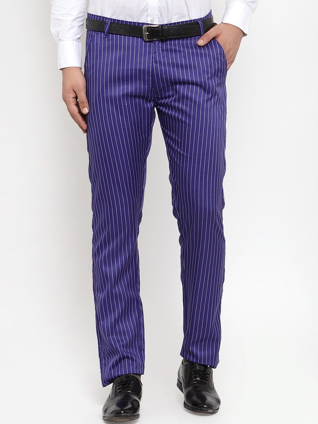 

JAINISH Men Blue Striped Smart Slim Fit Trousers