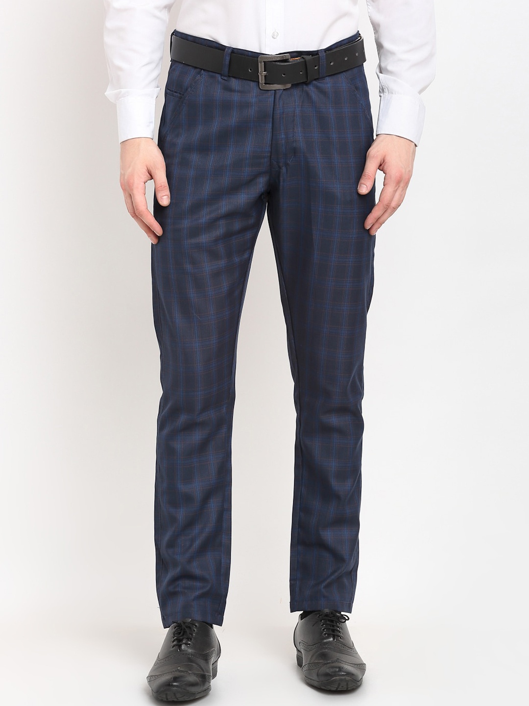 

JAINISH Men Navy Blue Checked Smart Slim Fit Trousers