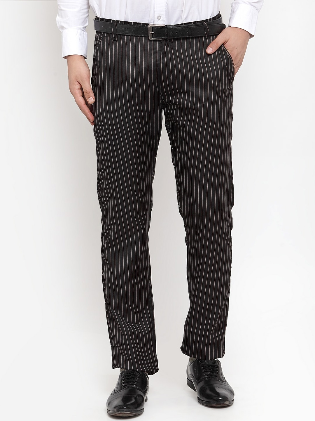 

JAINISH Men Black Striped Smart Slim Fit Trousers