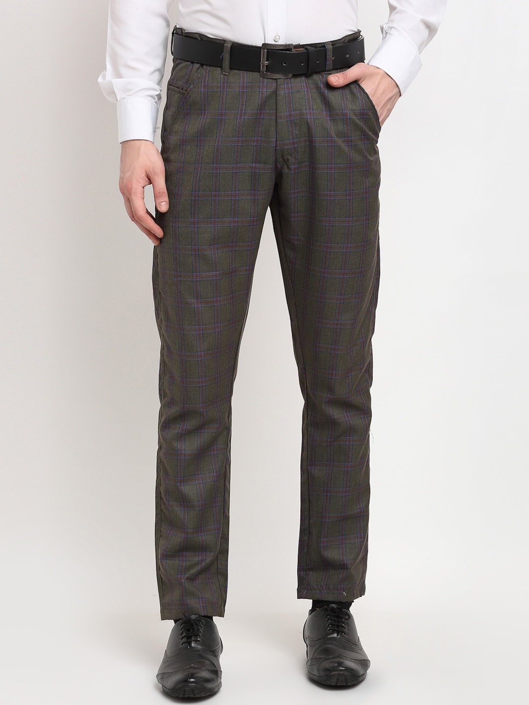 

JAINISH Men Charcoal Checked Smart Slim Fit Trousers