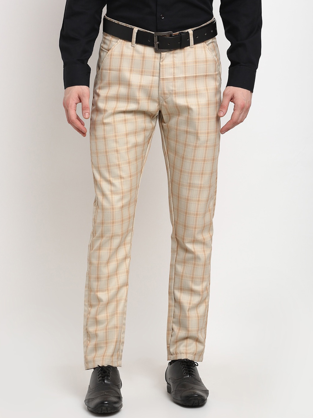 

JAINISH Men Cream-Coloured Checked Smart Slim Fit Trousers