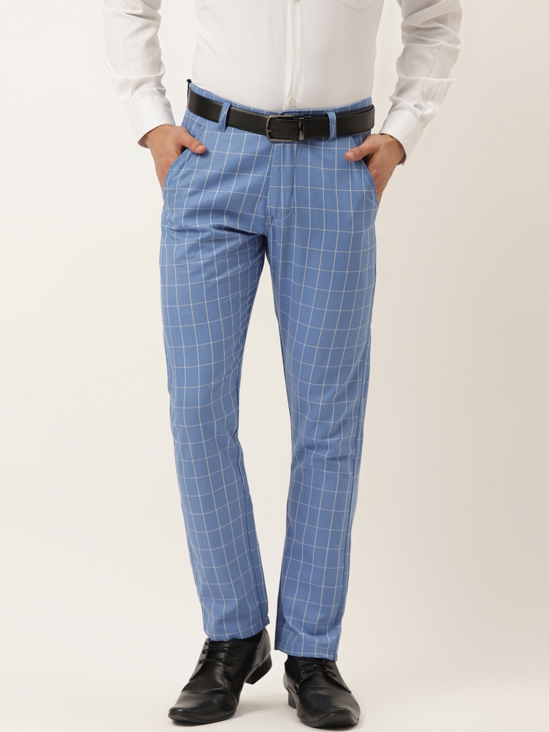 

JAINISH Men Blue Checked Smart Slim Fit Trousers