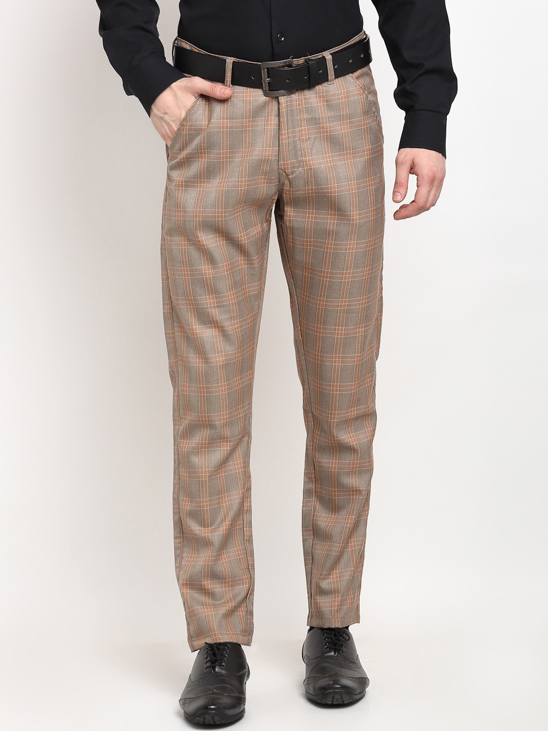 

JAINISH Men Brown Checked Smart Slim Fit Trousers