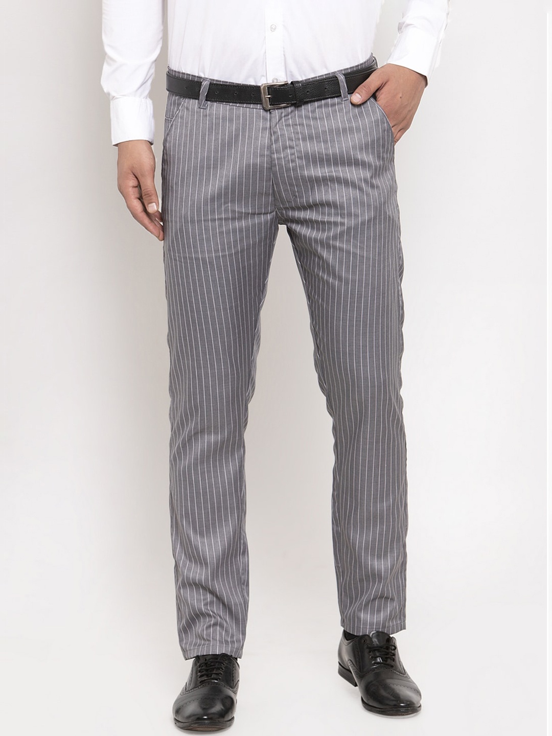 

JAINISH Men Grey Striped Smart Slim Fit Trousers