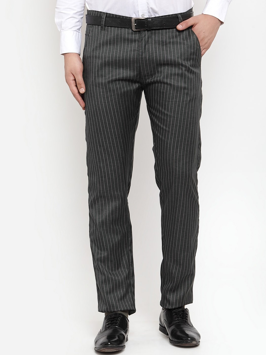 

JAINISH Men Olive Green Striped Smart Slim Fit Trousers