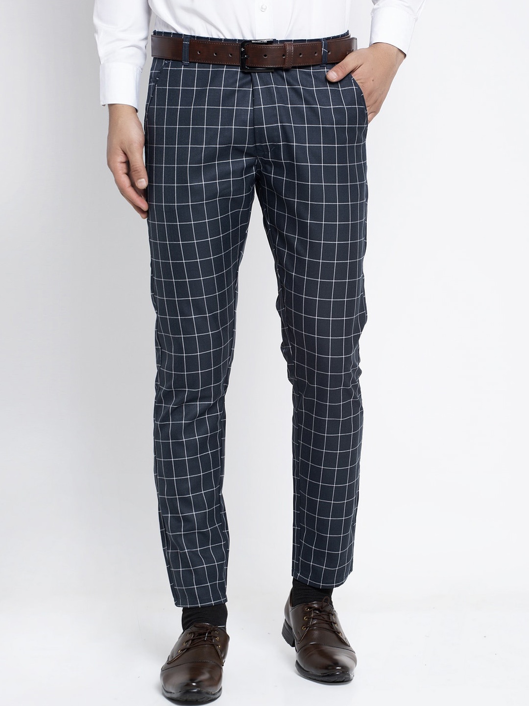 

JAINISH Men Navy Blue Checked Smart Slim Fit Trousers