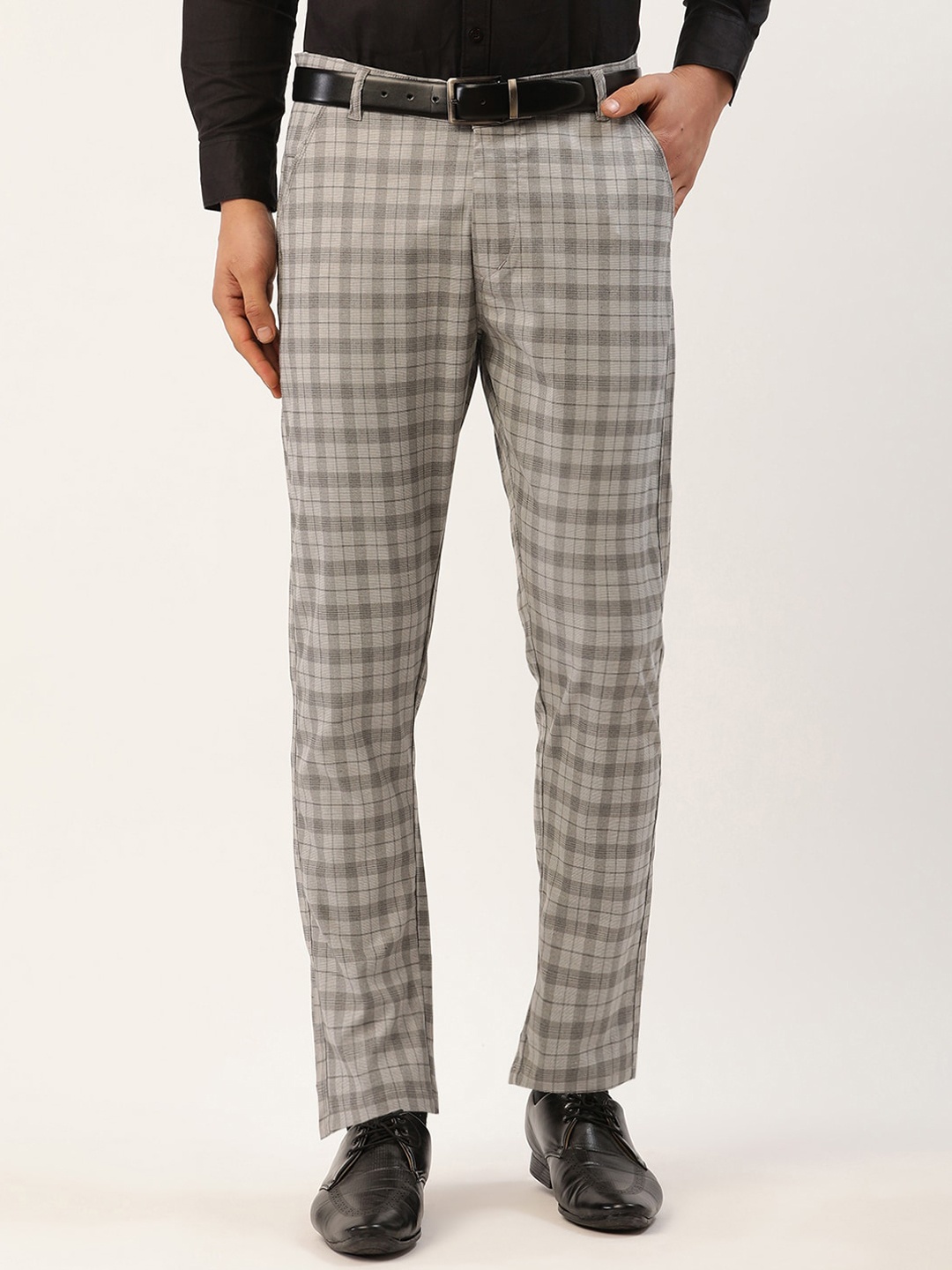 

JAINISH Men Grey Checked Smart Slim Fit Trousers