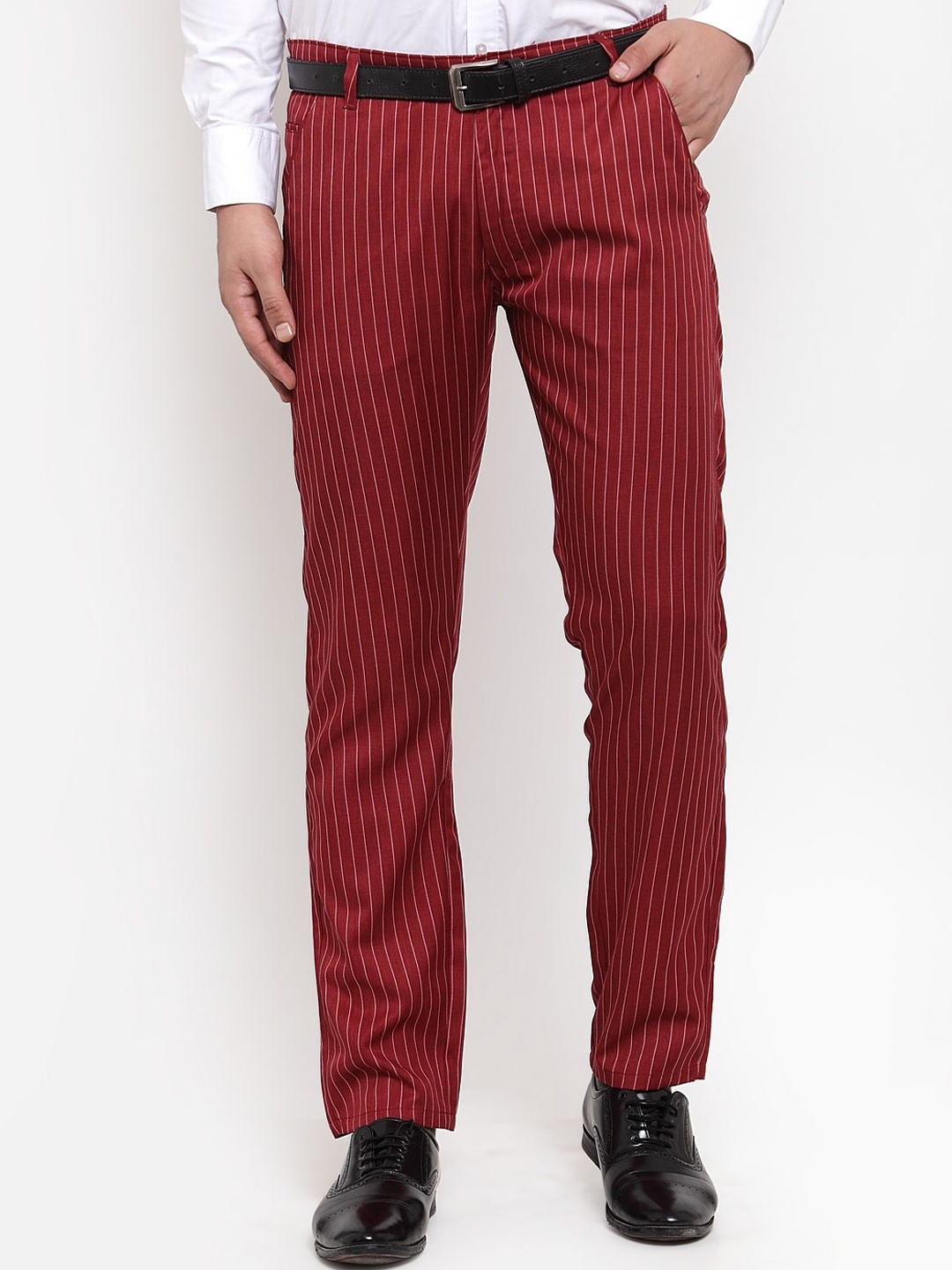 

JAINISH Men Maroon Striped Smart Slim Fit Trousers