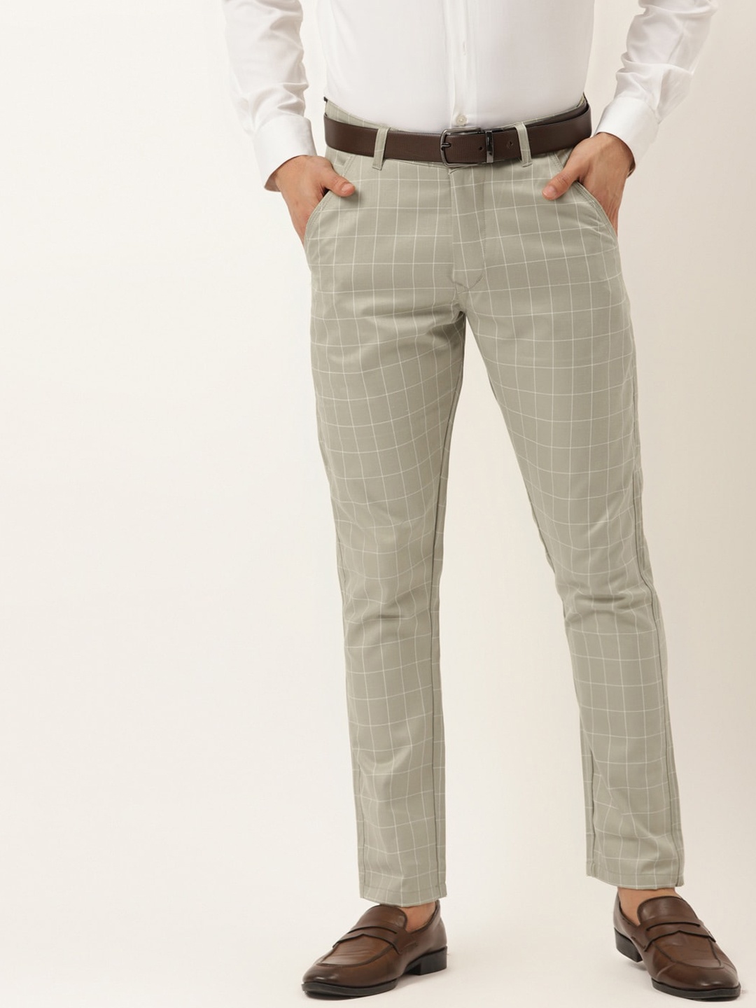 

JAINISH Men Cream-Coloured Checked Smart Slim Fit Trousers