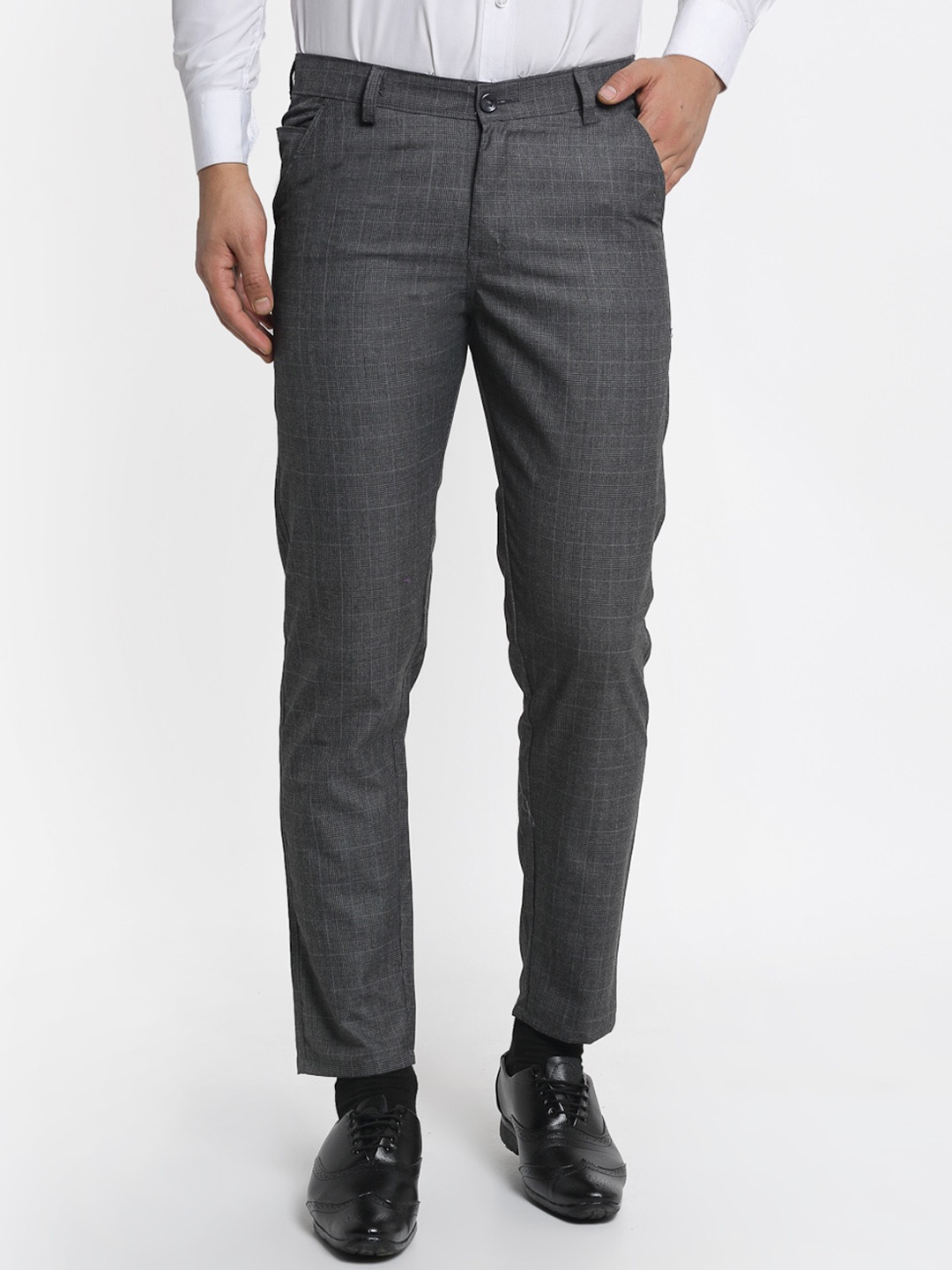 

JAINISH Men Charcoal Checked Smart Slim Fit Trousers