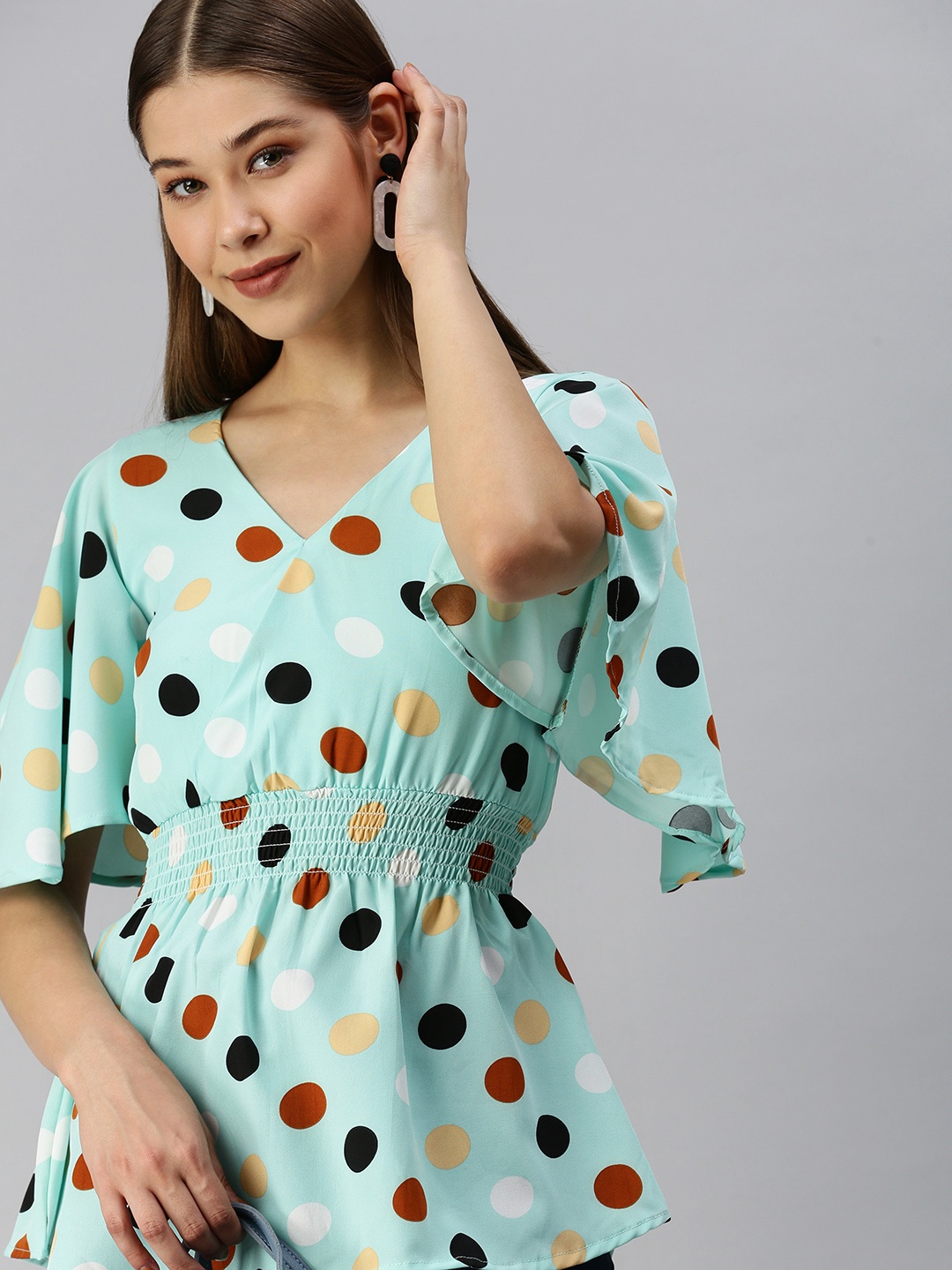 

SHOWOFF Sea Green Print Crepe Cinched Waist Top