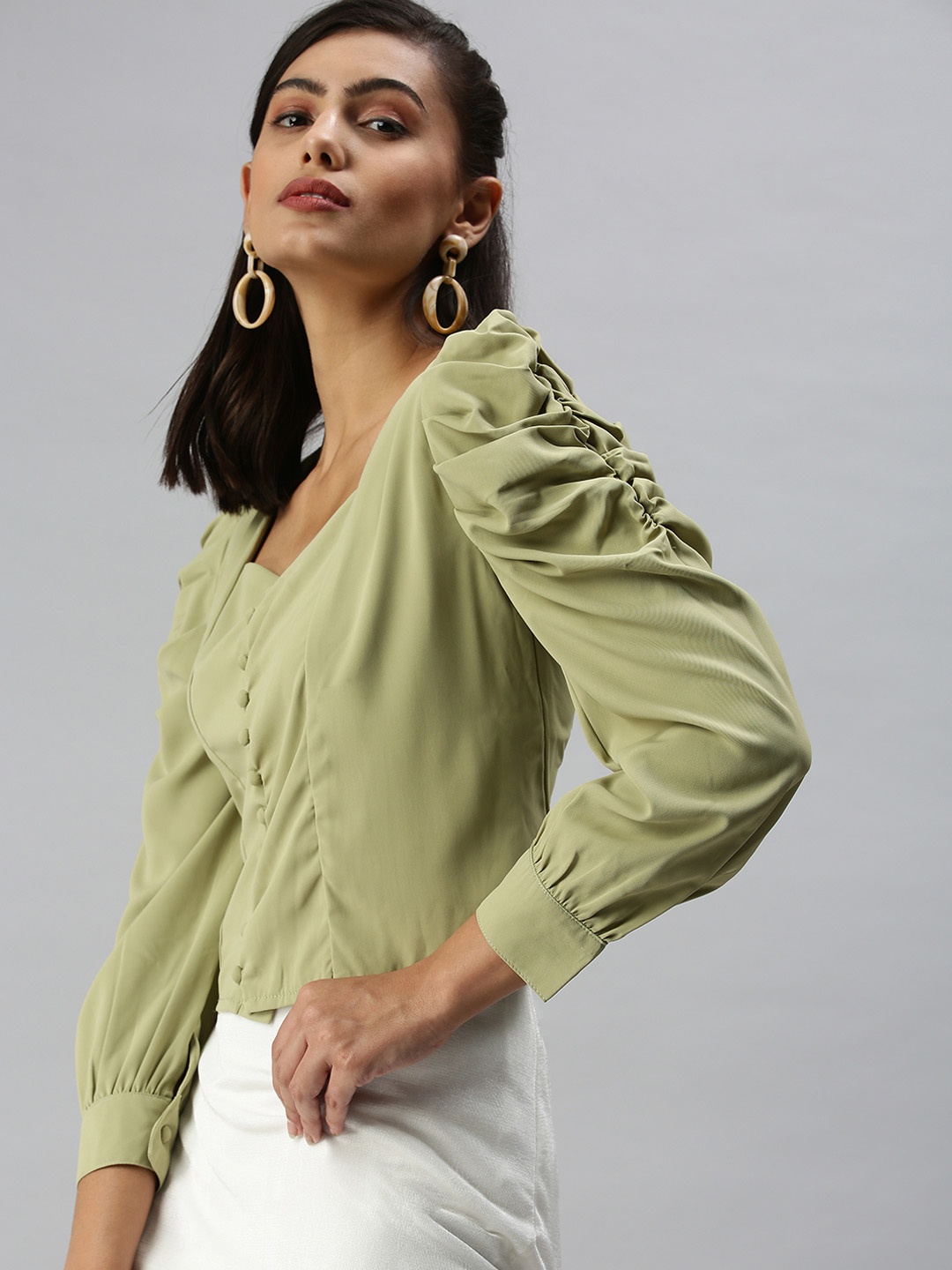 

SHOWOFF Olive Green Crepe Wrap Top