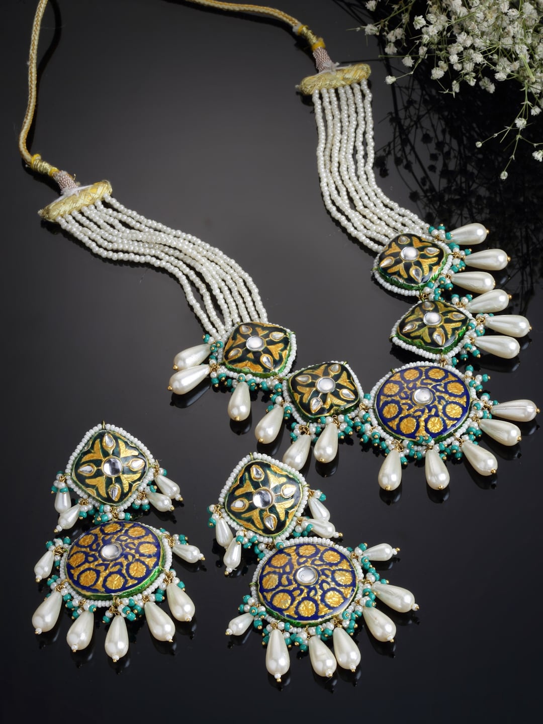 

DUGRISTYLE Gold-Plated Blue Stone-Studded & Pearl Beaded Jewellery Set