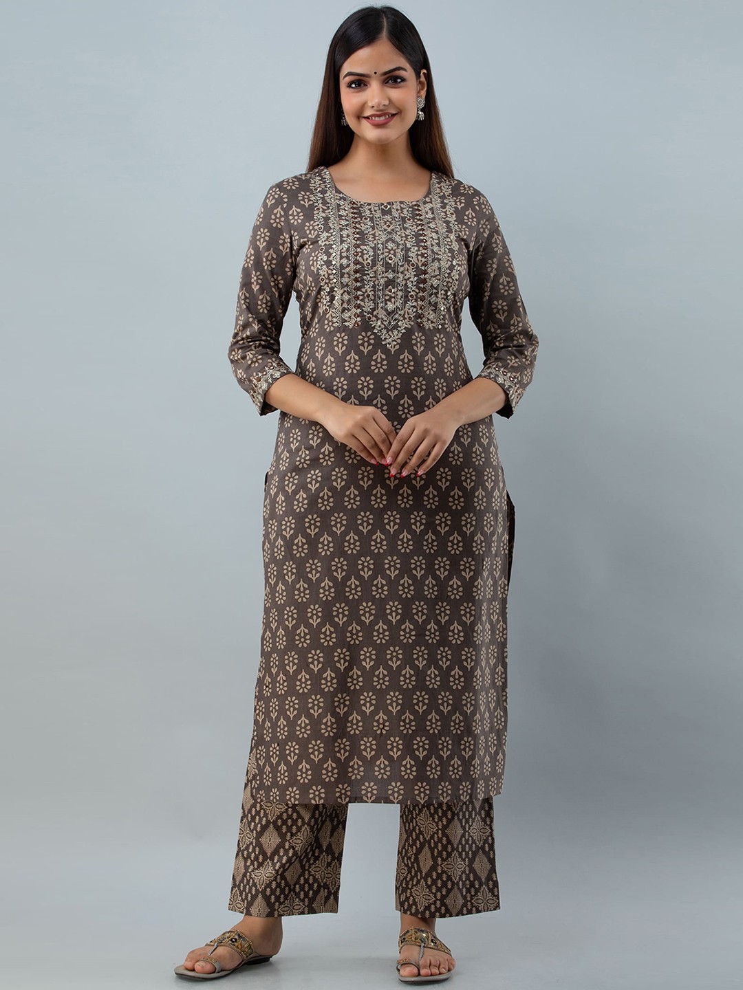 

KIMAYRA Women Brown Ethnic Motifs Embroidered Layered Pure Cotton Kurti with Trousers
