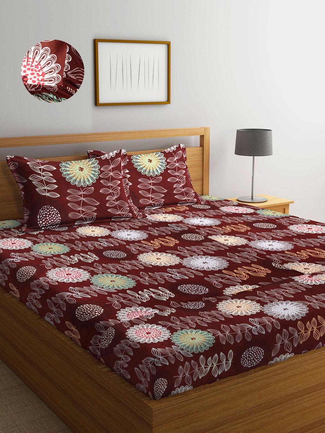 

Arrabi Brown & Green Floral 300 TC King Bedsheet with 2 Pillow Covers