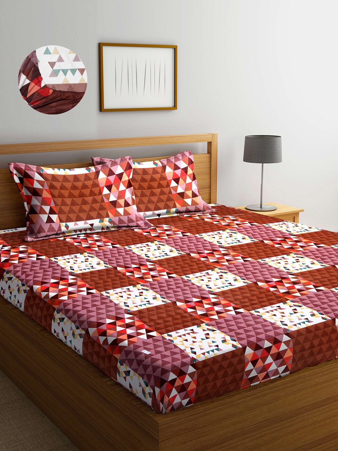 

Arrabi Brown & White Geometric 300 TC King Bedsheet with 2 Pillow Covers