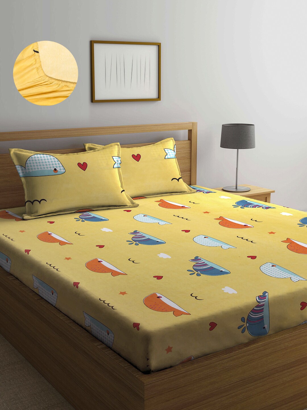 

Arrabi Yellow & Blue Cartoon Characters 300 TC King Bedsheet with 2 Pillow Covers