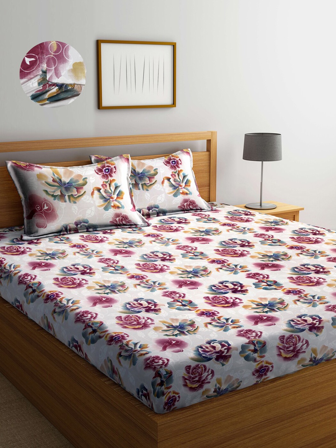 

Arrabi White & Pink Floral 300 TC King Bedsheet with 2 Pillow Covers