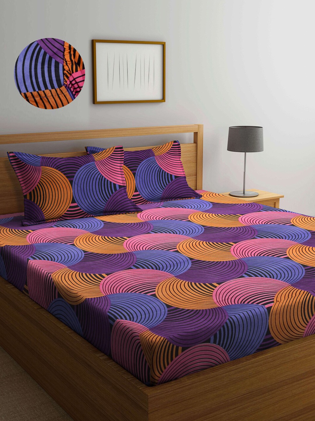 

Arrabi Blue & Purple Graphic 300 TC King Bedsheet with 2 Pillow Covers