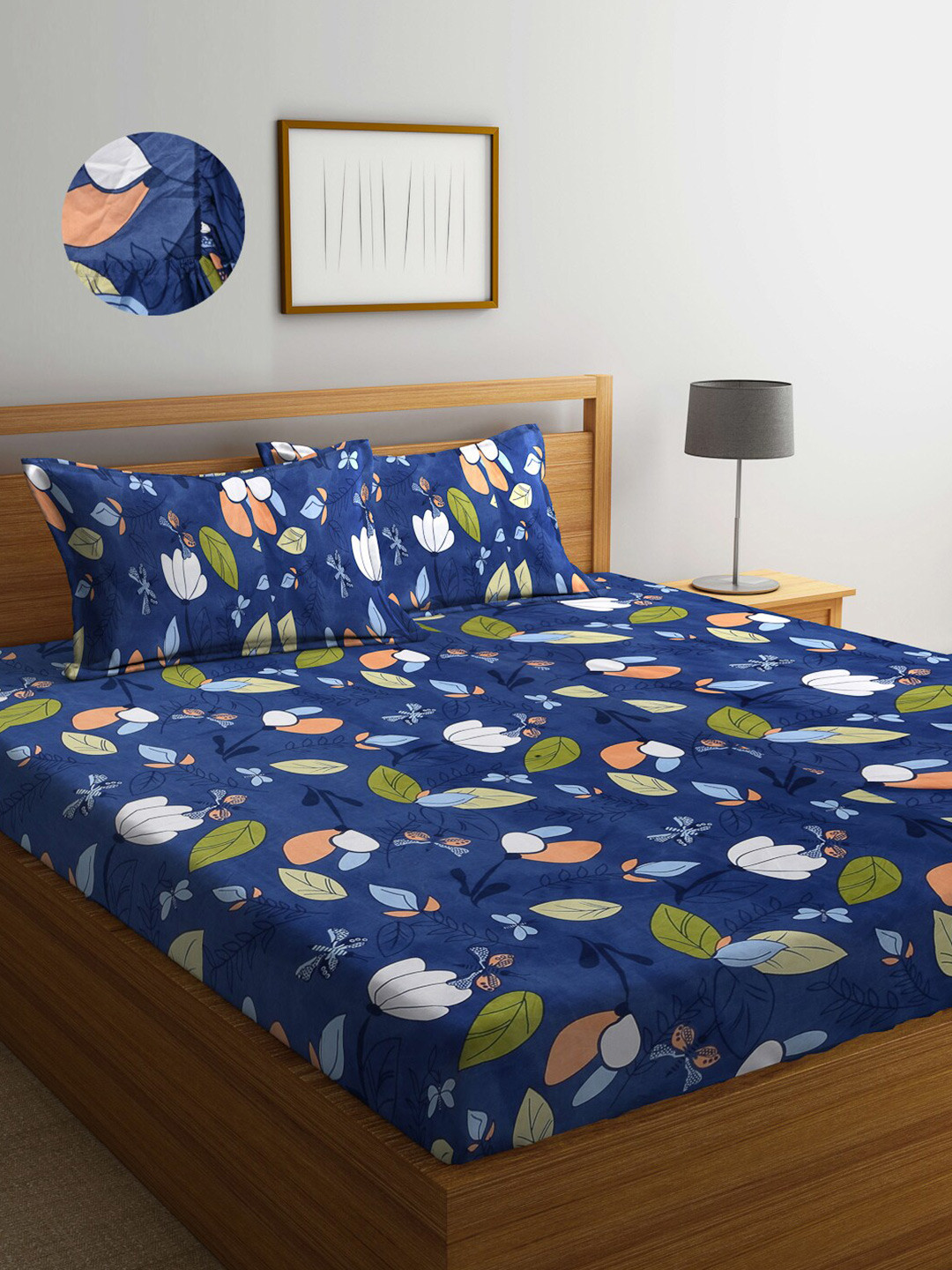 

Arrabi Blue & Green Floral 300 TC King Bedsheet with 2 Pillow Covers