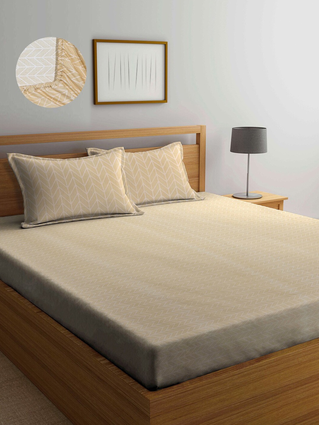 

Arrabi Beige Striped 300 TC King Bedsheet with 2 Pillow Covers