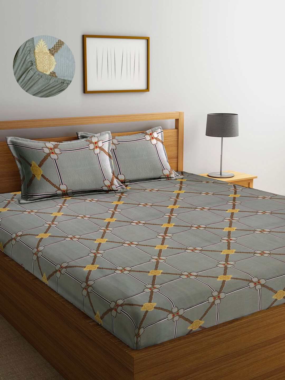 

Arrabi Grey & Yellow Ethnic Motifs 300 TC King Bedsheet with 2 Pillow Covers