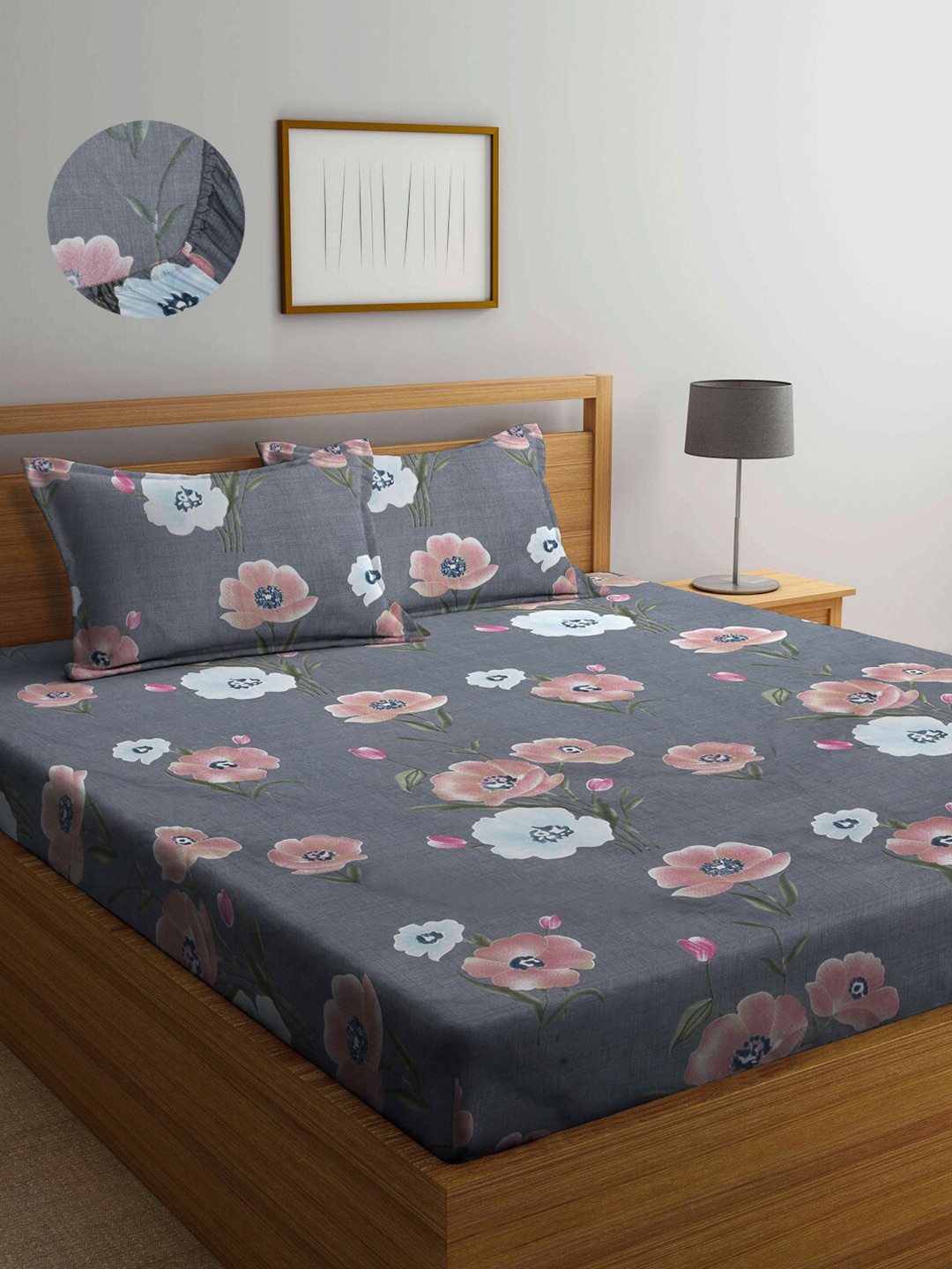 

Arrabi Grey & Pink Floral 300 TC King Bedsheet with 2 Pillow Covers