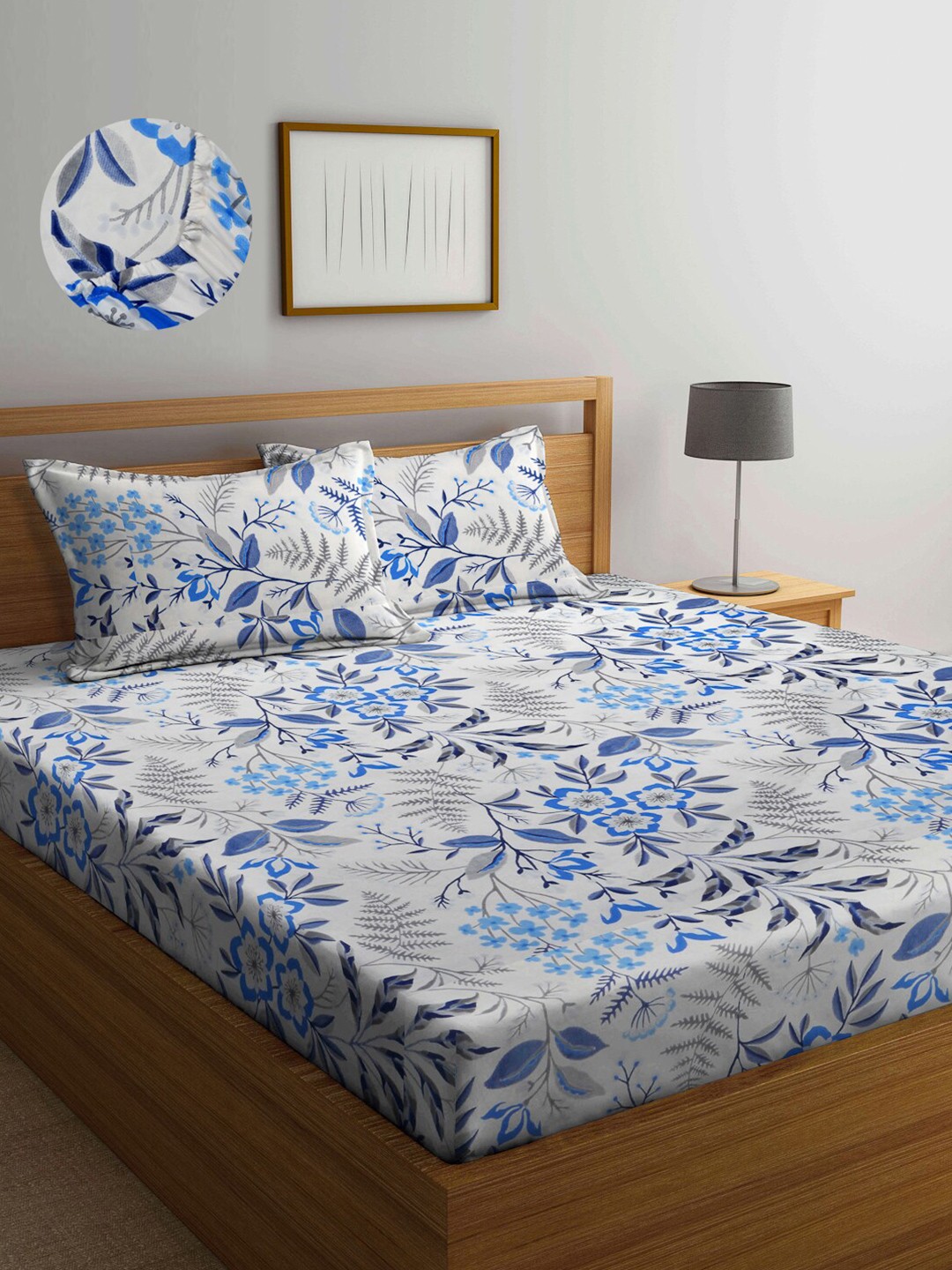 

Arrabi White & Blue Floral 300 TC King Bedsheet with 2 Pillow Covers