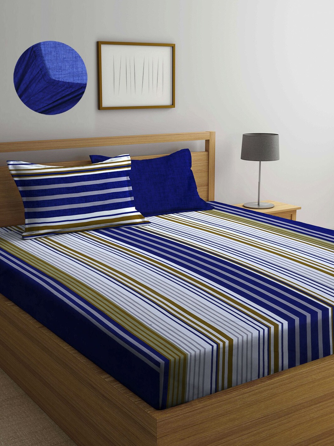 

Arrabi Blue & White Striped 300 TC King Bedsheet with 2 Pillow Covers