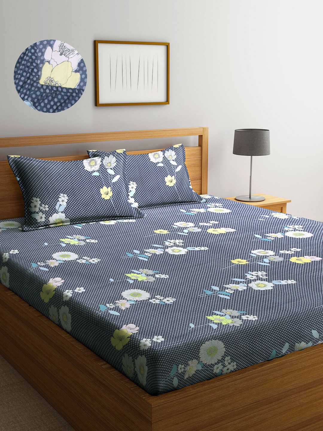 

Arrabi Blue Floral 300 TC King Bedsheet with 2 Pillow Covers