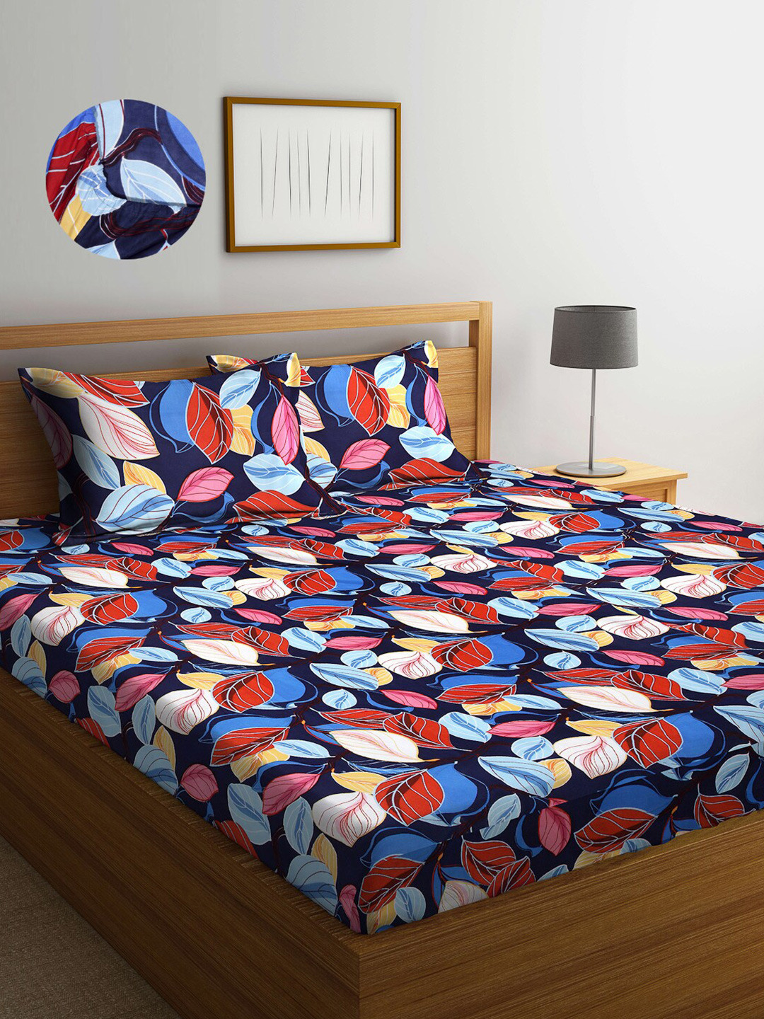 

Arrabi Blue & Red Floral 300 TC King Bedsheet with 2 Pillow Covers