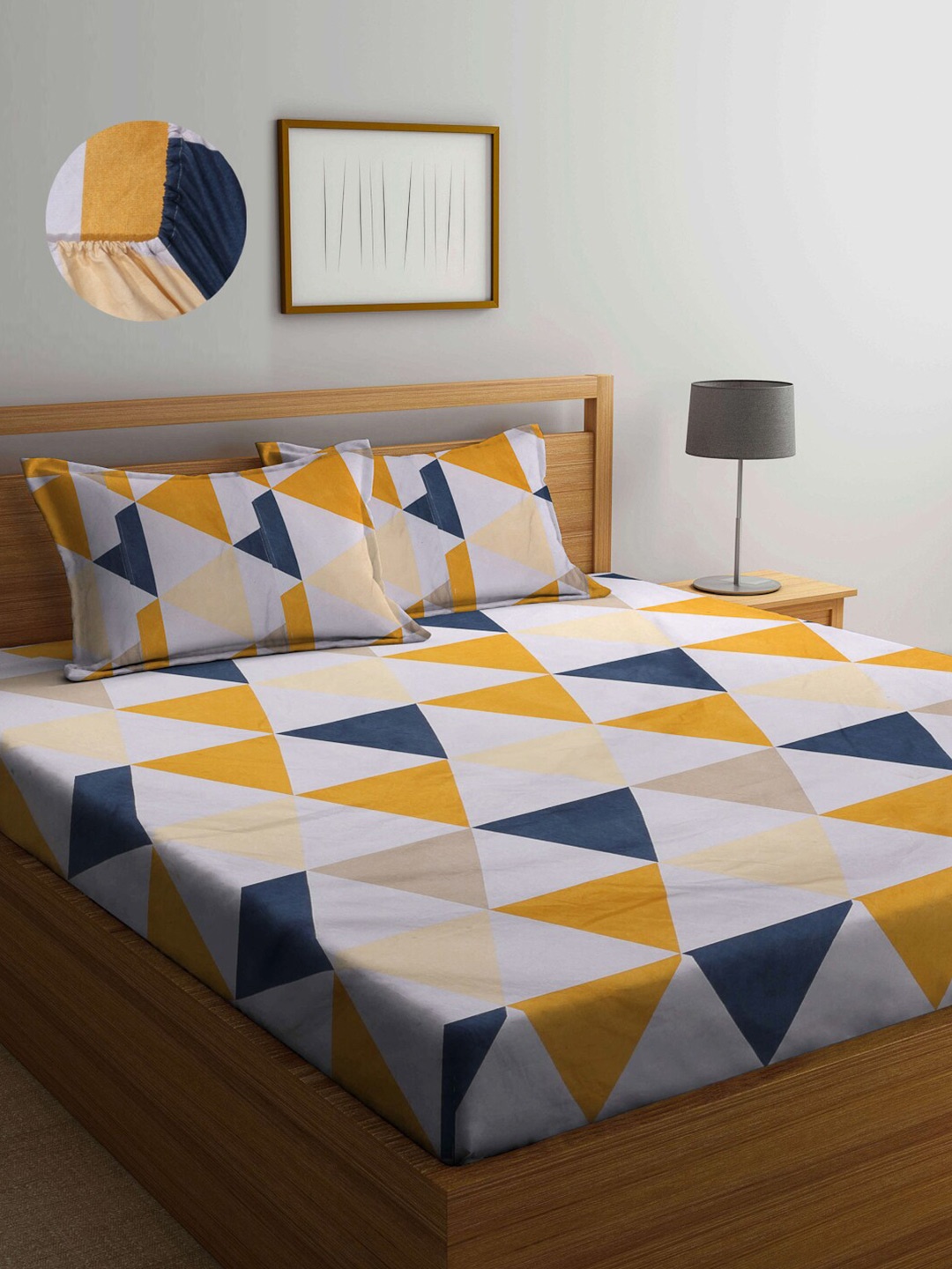 

Arrabi Yellow & Blue Geometric 300 TC King Bedsheet with 2 Pillow Covers