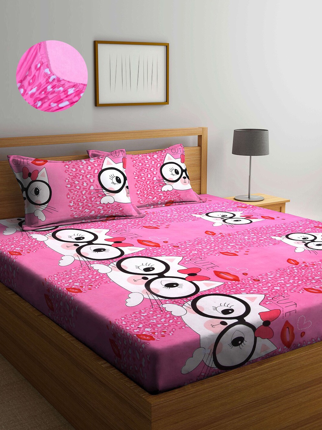 

Arrabi Pink & White Cartoon Characters 300 TC King Bedsheet with 2 Pillow Covers