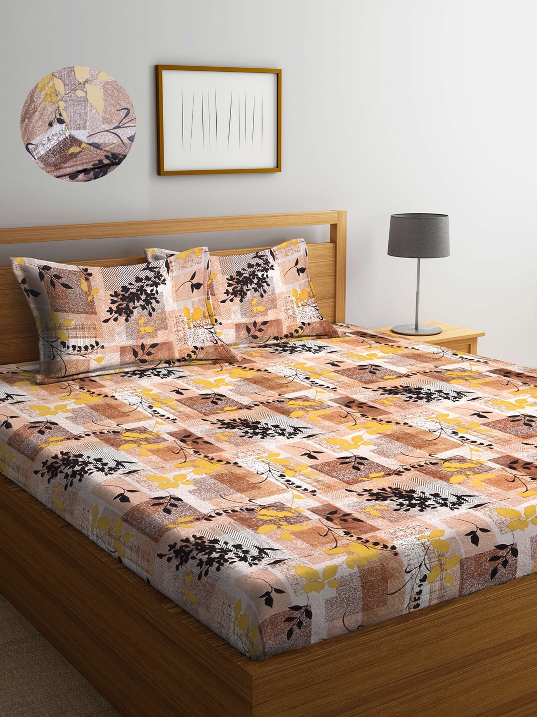 

Arrabi Brown & Black Floral 300 TC King Bedsheet with 2 Pillow Covers