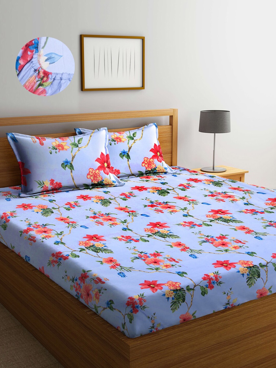 

Arrabi Blue & Red Floral 300 TC King Bedsheet with 2 Pillow Covers